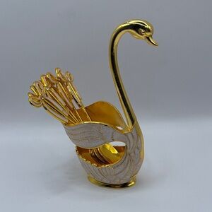 Elegant Gold Swan Dessert Spoon Holder with 6 Spoons